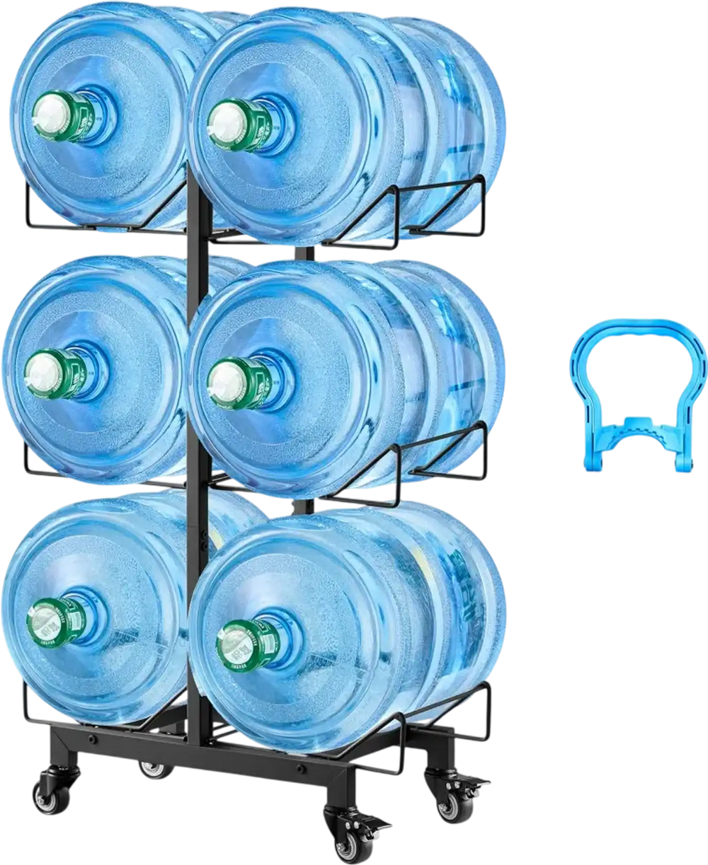VEVOR Water Jug Holder, 3 Tiers Double Rows 3 and 5 Gallon Water Bottle Holder for 6 Bottles, Heavy Duty Jug Rack Organizer with Casters and Handles, Foldable for Kitchen, Office, Living Room, Black