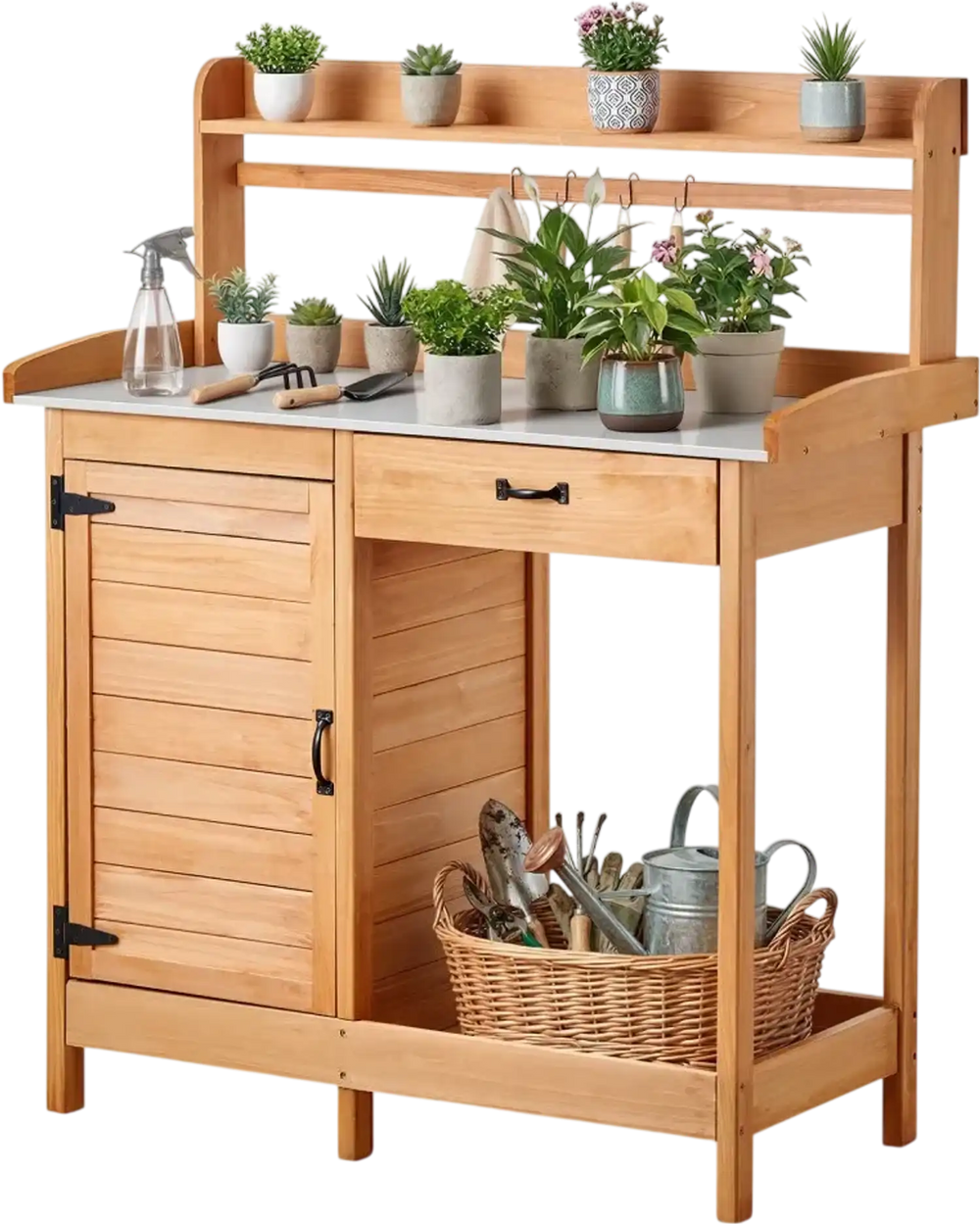 VEVOR Potting Bench Table, 3-in-1 Outdoor Gardening Wooden Workstation with 44 x 19 in Galvanized Iron Tabletop, Garden Work Station with Drawer, Storage Cabinet & Shelves, Hooks for Patio, Backyard