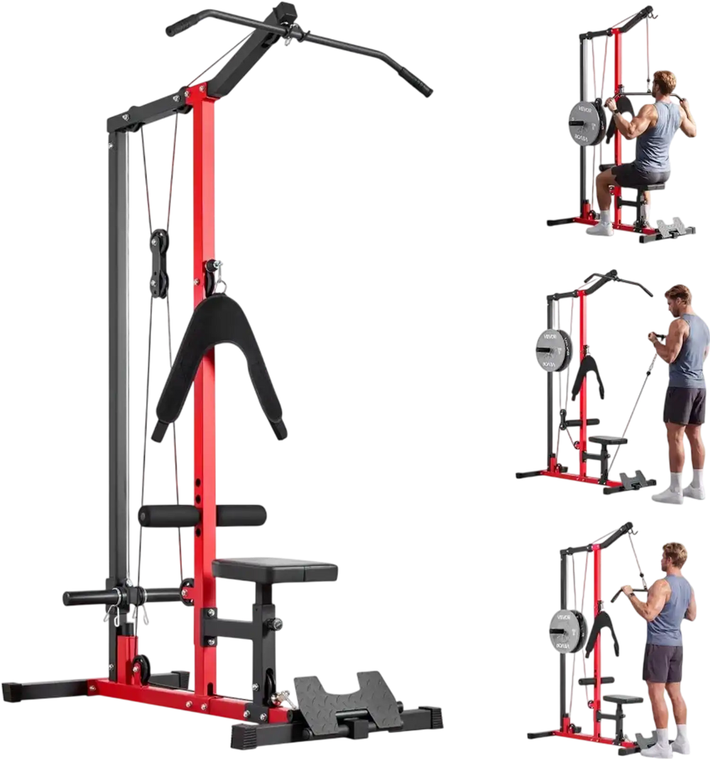 VEVOR LAT Pull Down Machine, 3-in-1 Row Cable Machine, Cable Machines Home Gym with 3-Level Adjustable Seat, 4-Level Adjustable Foam Roller, Load 400 lbs Lat Tower for Back, Chest, Tricep, Black