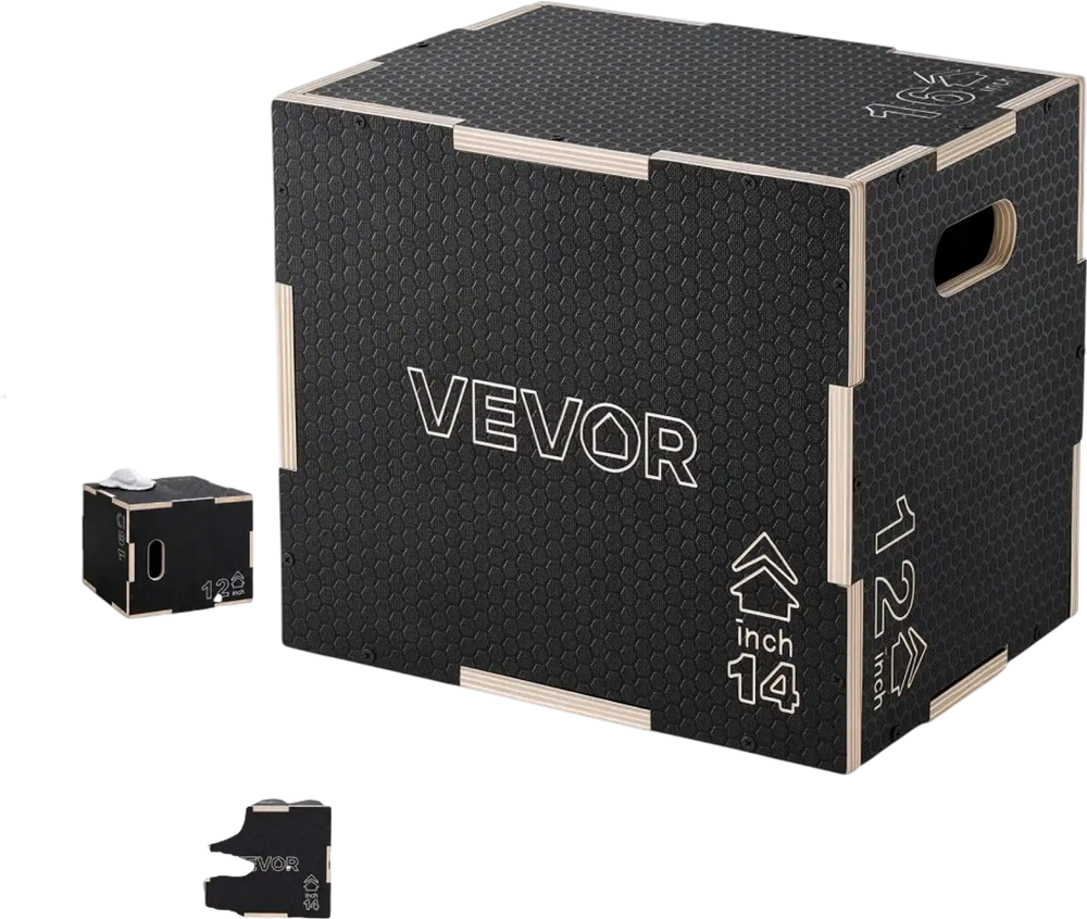 VEVOR 3-in-1 Wooden Plyo Box, 12/14/16-Inch, Non-Slip Plyometric Jump Boxes, for Home Gym, Step-Up Training Exercise Platform with Smooth Edges, Built-In Handles, Pre-Drilled Holes & Stable Support