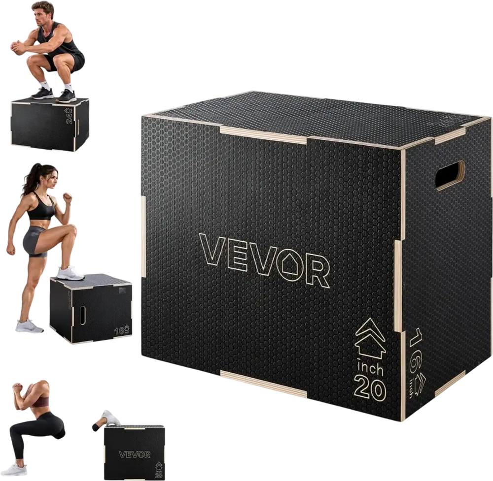 VEVOR 3-in-1 Wooden Plyo Box, 16/20/24-Inch, Non-Slip Plyometric Jump Boxes, for Home Gym, Step-Up Training Exercise Platform with Smooth Edges, Built-In Handles, Pre-Drilled Holes & Stable Support