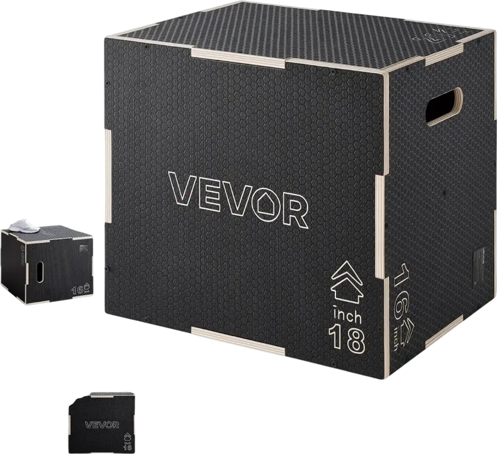 VEVOR 3-in-1 Wooden Plyo Box, 16/18/20-Inch, Non-Slip Plyometric Jump Boxes, for Home Gym, Step-Up Training Exercise Platform with Smooth Edges, Built-In Handles, Pre-Drilled Holes & Stable Support