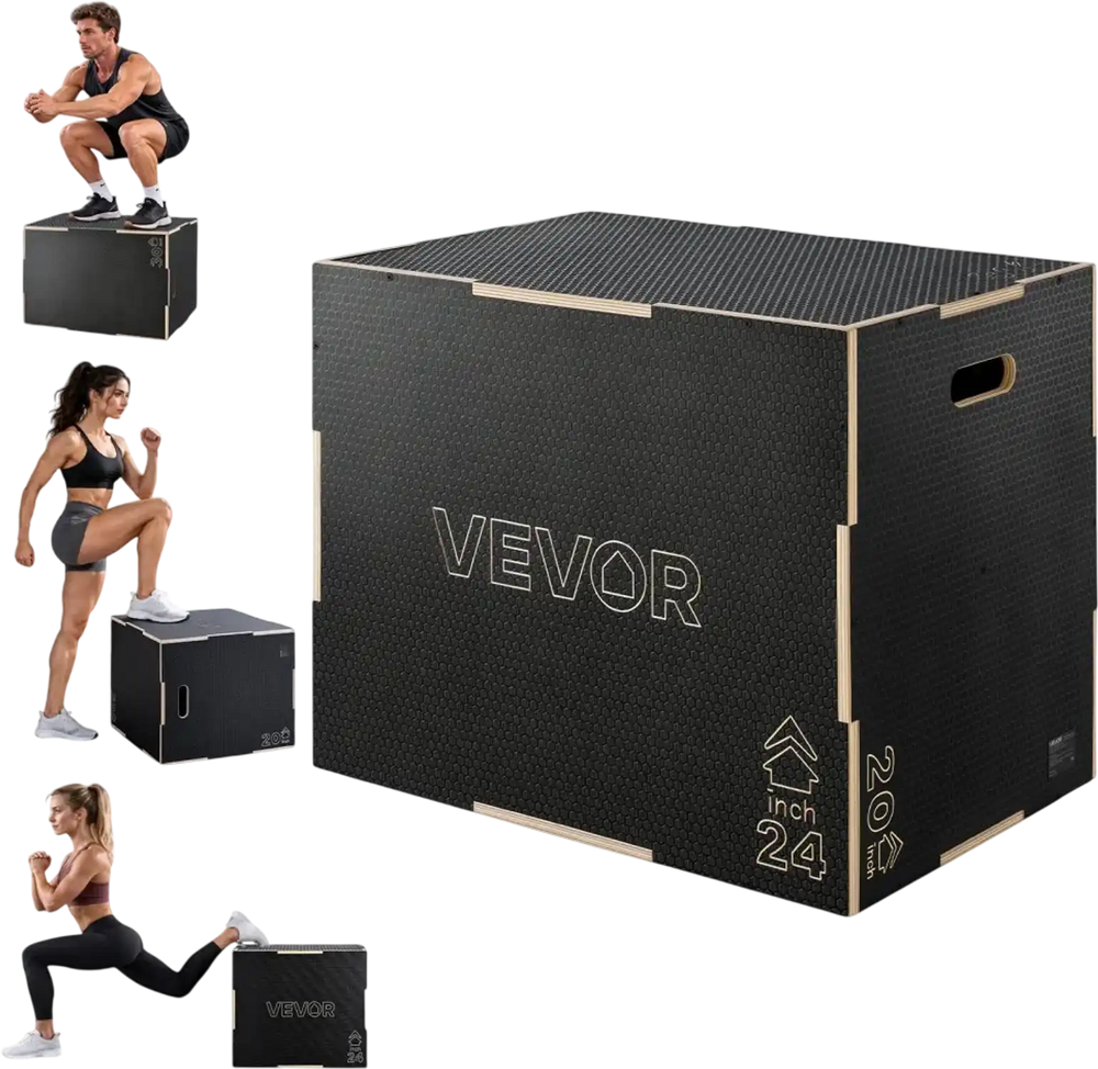 VEVOR 3-in-1 Wooden Plyo Box, 20/24/30-Inch, Non-Slip Plyometric Jump Boxes, for Home Gym, Step-Up Training Exercise Platform with Smooth Edges, Built-In Handles, Pre-Drilled Holes & Stable Support