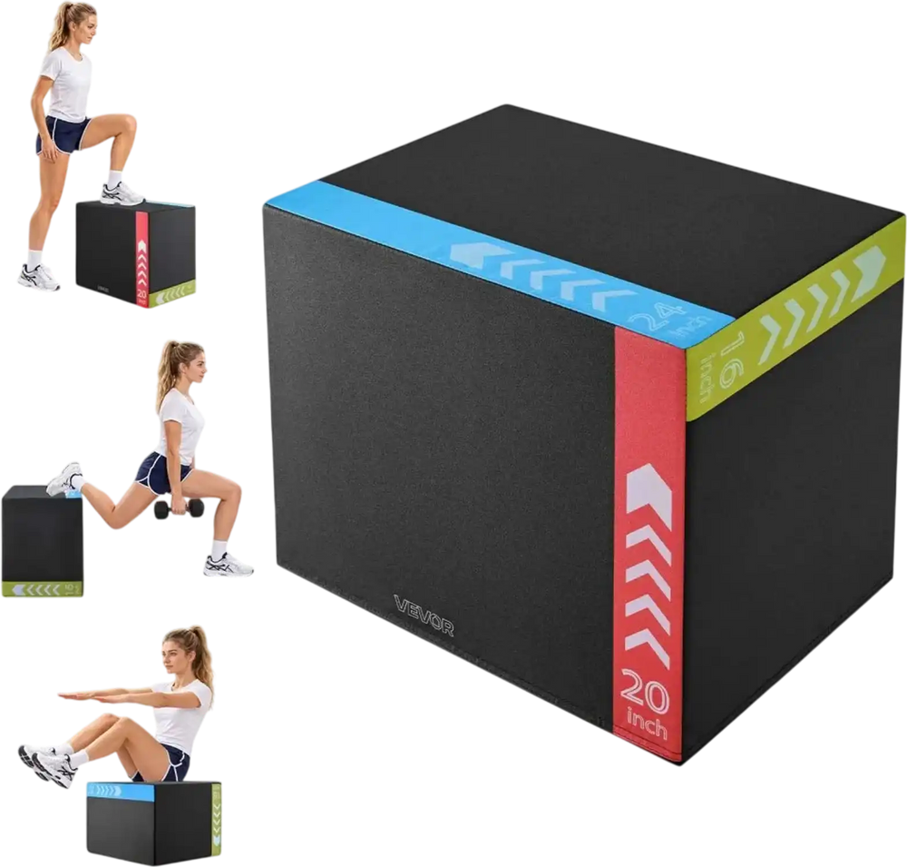 VEVOR 3-in-1 Rebonded Foam Plyo Box, 16/20/24-Inch, Plyometric Jump Boxes, for Home Gym, Non-Slip Step-Up Training Exercise Platform with Impact Cushioning, PVC Mesh, Shape Retention & Stable Support
