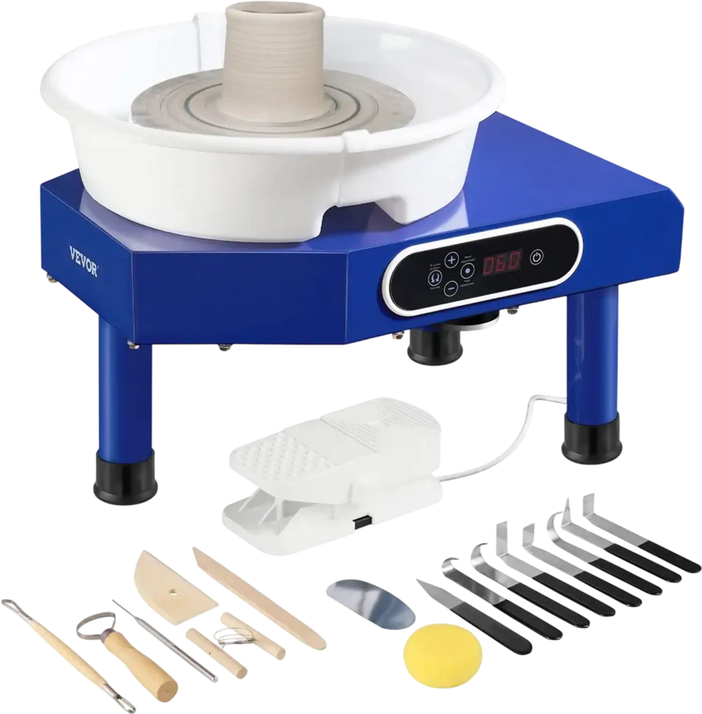 VEVOR Pottery Wheel, 10in Ceramic Wheel Forming Machine, Foot Pedal ABS Detachable Basin, 60-300RPM Adjustable Speed Manual LCD Panel, Sculpting Tool Apron Accessory Kit for Work Art Craft DIY