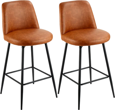 VEVOR Bar Stool Set of 2, 27 inch Counter Height Swivel Stools, Modern PU Leather Counter Barstool with Backrest and Metal Legs, Armless Bar Chair, Island Barstool for Kitchen, Dining Room, Brown