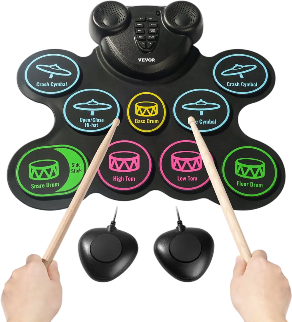 VEVOR Electric Drum Set, 9 Pads, Roll-up Drum Practice Pad, Electronic Drumset with Headphone Jack, Double Pedals, Drum Sticks, Built-in Dual Speakers, MIDI, Portable Instrument Toy for Kids Ages 3+