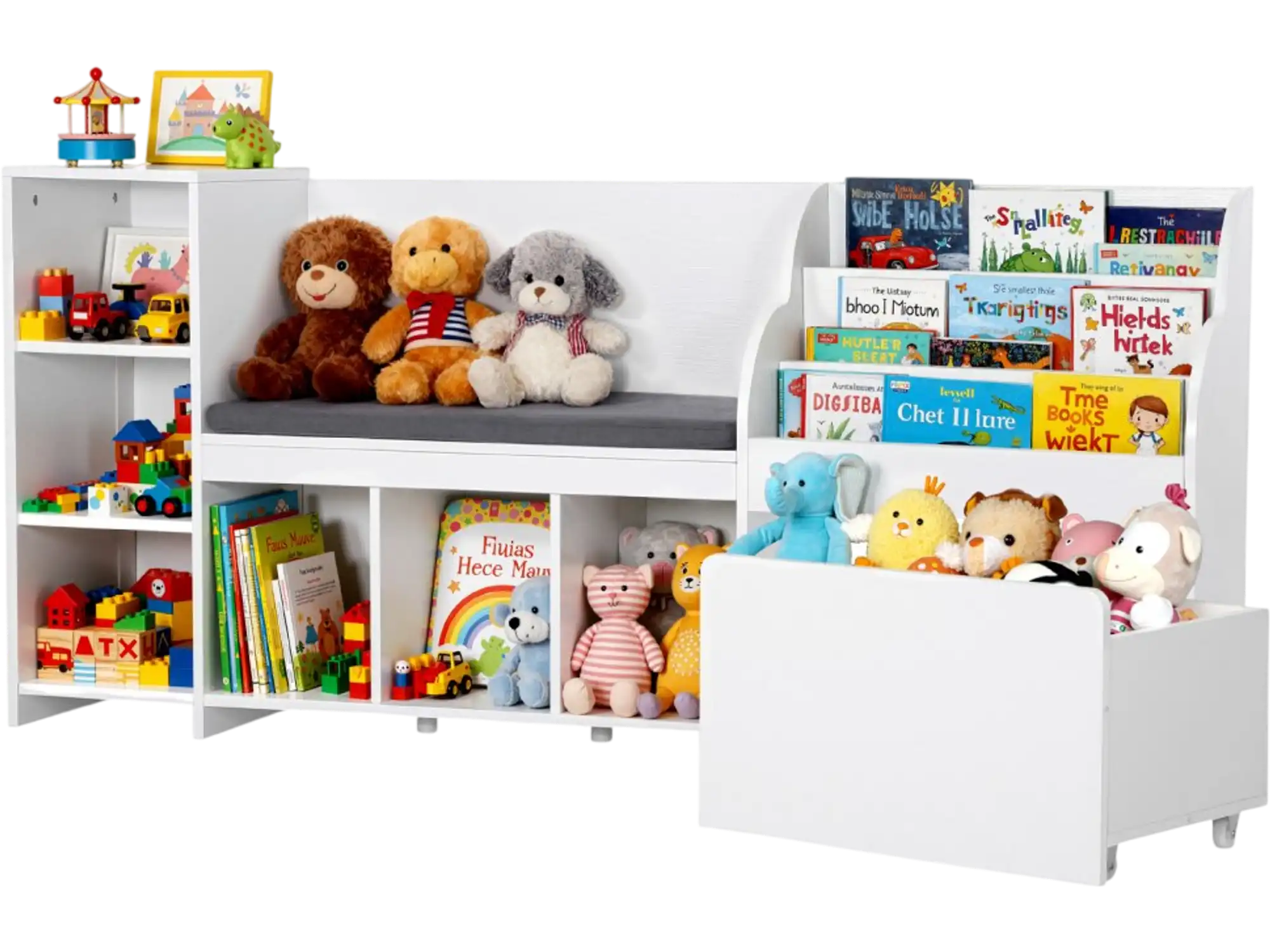 Vevor Kids Reading Nook Wooden Storage Bench with Bookshelf & Toy Organizer White New
