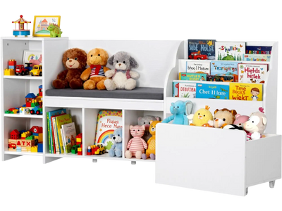 Vevor Kids Reading Nook Wooden Storage Bench with Bookshelf & Toy Organizer White New