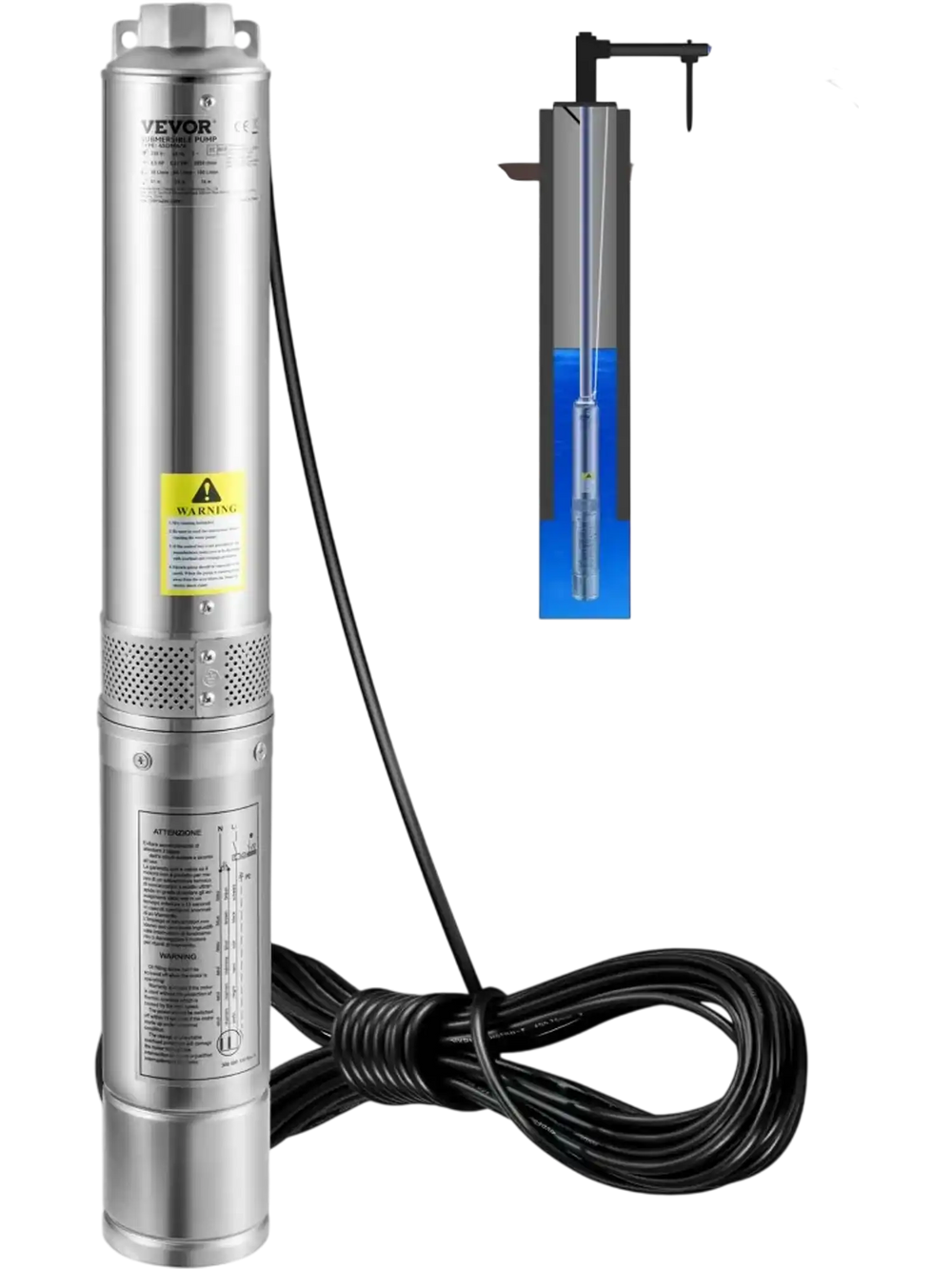 VEVOR Deep Well Submersible Pump, 0.5HP 230V/60Hz, 28gpm 167ft Head, with 33ft Electric Cord, 4\" Stainless Steel Water Pumps for Industrial, Irrigation and Home Use, IP68 Waterproof Grade