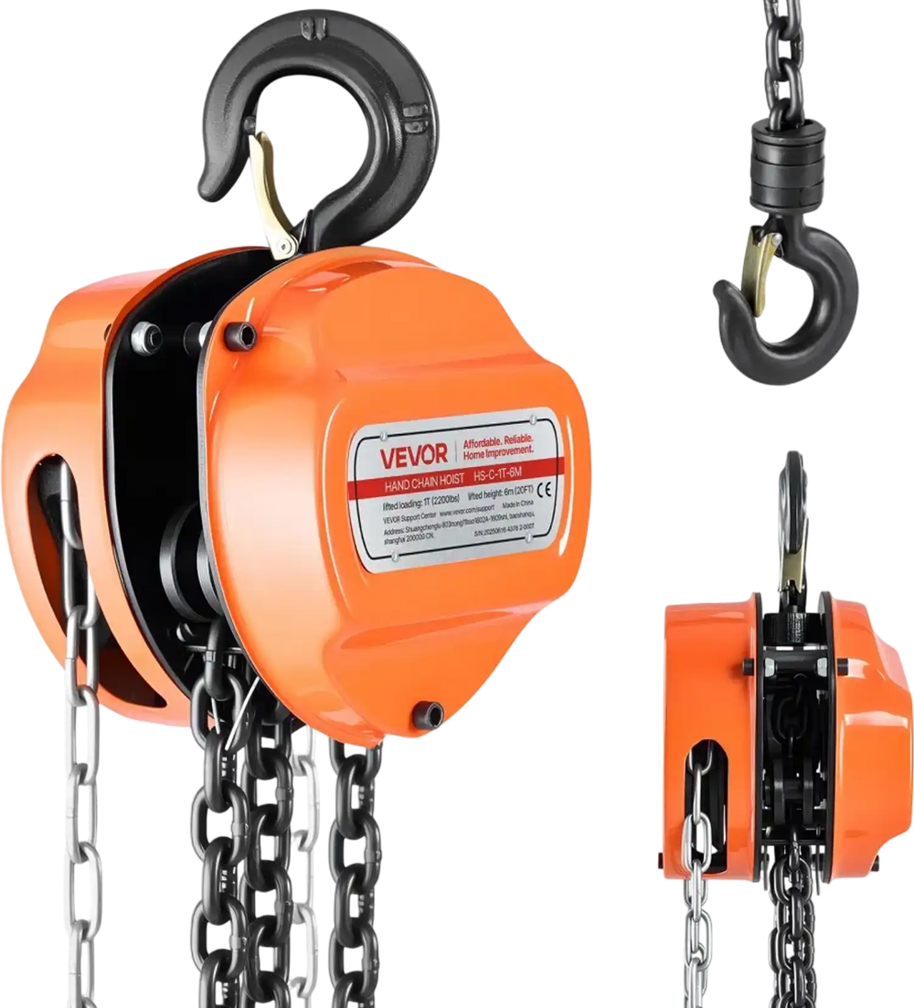 VEVOR Hand Chain Hoist, 1 Ton 2200 lbs Capacity, Manual Chain Block with Upgrade G80 Galvanized Chain, 20 ft Lifting Height, Heavy Duty Pulley Hoist for Garage Warehouse Automotive Machinery, Orange