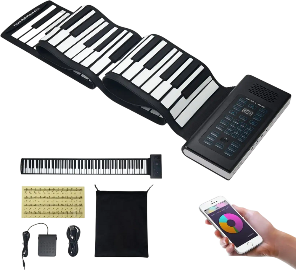 VEVOR 88 Keys Roll Up Keyboard Piano, 128 Rhythms, 128 Tones Portable Electric Digital Hand Roll Piano with Rechargeable Battery 2W Speaker LED Display 5 Ports MIDI Function, for Kids Beginners Adults