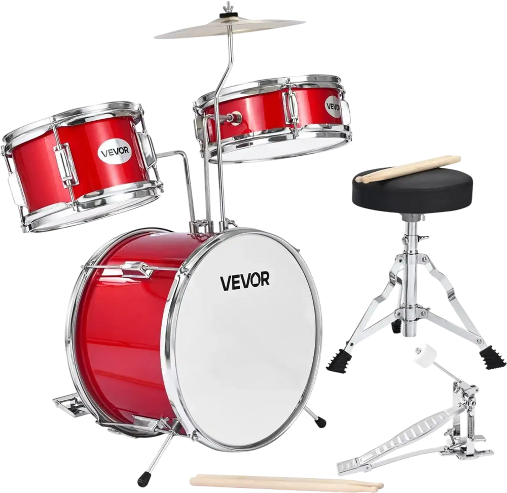 VEVOR Kids Drum Set, 3-Piece 14 in Junior Drum Sets, Beginner Drums Set with Adjustable Throne, Cymbal & Two Pairs of Drumsticks, Musical Learning Drums Instruments Kit, for Children Ages 6-13 (Red)