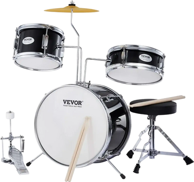 VEVOR Kids Drum Set, 3-Piece, 14 in Beginner Drum Set with Adjustable Throne Cymbal Pedal Two Pairs of Drumsticks, 8'' Tom Drum 10'' Snare Drum 14'' Bass Drum, Starter Drum Kit for Child Kids, Black