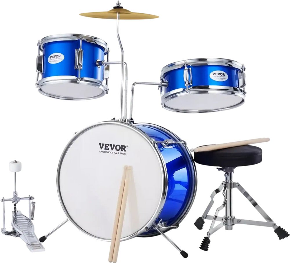 VEVOR Kids Drum Set, 3-Piece, 14 in Beginner Drum Set with Adjustable Throne Cymbal Pedal Two Pairs of Drumsticks, 8'' Tom Drum 10'' Snare Drum 14'' Bass Drum, Starter Drum Kit for Child Kids, Blue