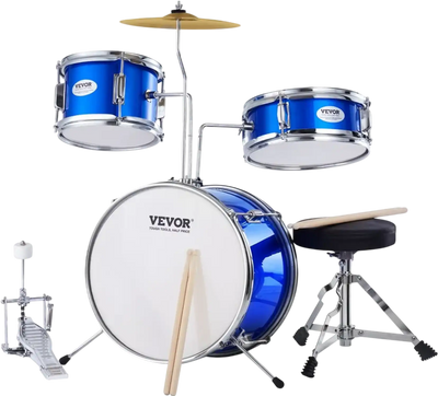 VEVOR Kids Drum Set, 3-Piece, 14 in Beginner Drum Set with Adjustable Throne Cymbal Pedal Two Pairs of Drumsticks, 8'' Tom Drum 10'' Snare Drum 14'' Bass Drum, Starter Drum Kit for Child Kids, Blue