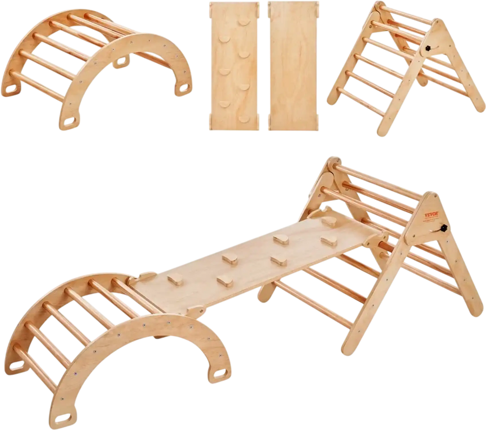 VEVOR Pikler Triangle Set, 5 in 1 Toddler Climbing Toys Indoor Playground, Ramp, and Arch, Montessori Climbing Set with Triangle, Large Size Wooden Climbing Gym for Toddlers 1-3 Years, Wood Color