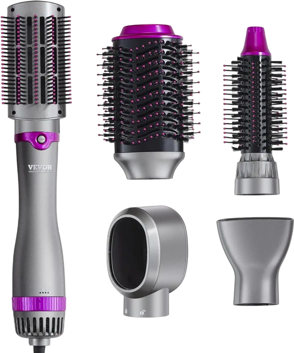 VEVOR Hair Air Styler and Dryer Brush, 5-in-1 Multi Hair Styler, Ionic Blow Dryer Brush with 3 Heat Settings, 3 Brushes & 2 Nozzles, High-Speed Hair Styling Tool for Volumizing Straightening Curling