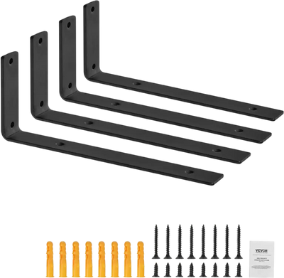 VEVOR Shelf Bracket, Heavy Duty Floating Shelf Brackets 10 x 6 in, 4 Pcs Brackets for Shelves, 5mm Thick Matte Black L Shelf Bracket,Steel Shelving Brackets with 160 lbs Load Capacity