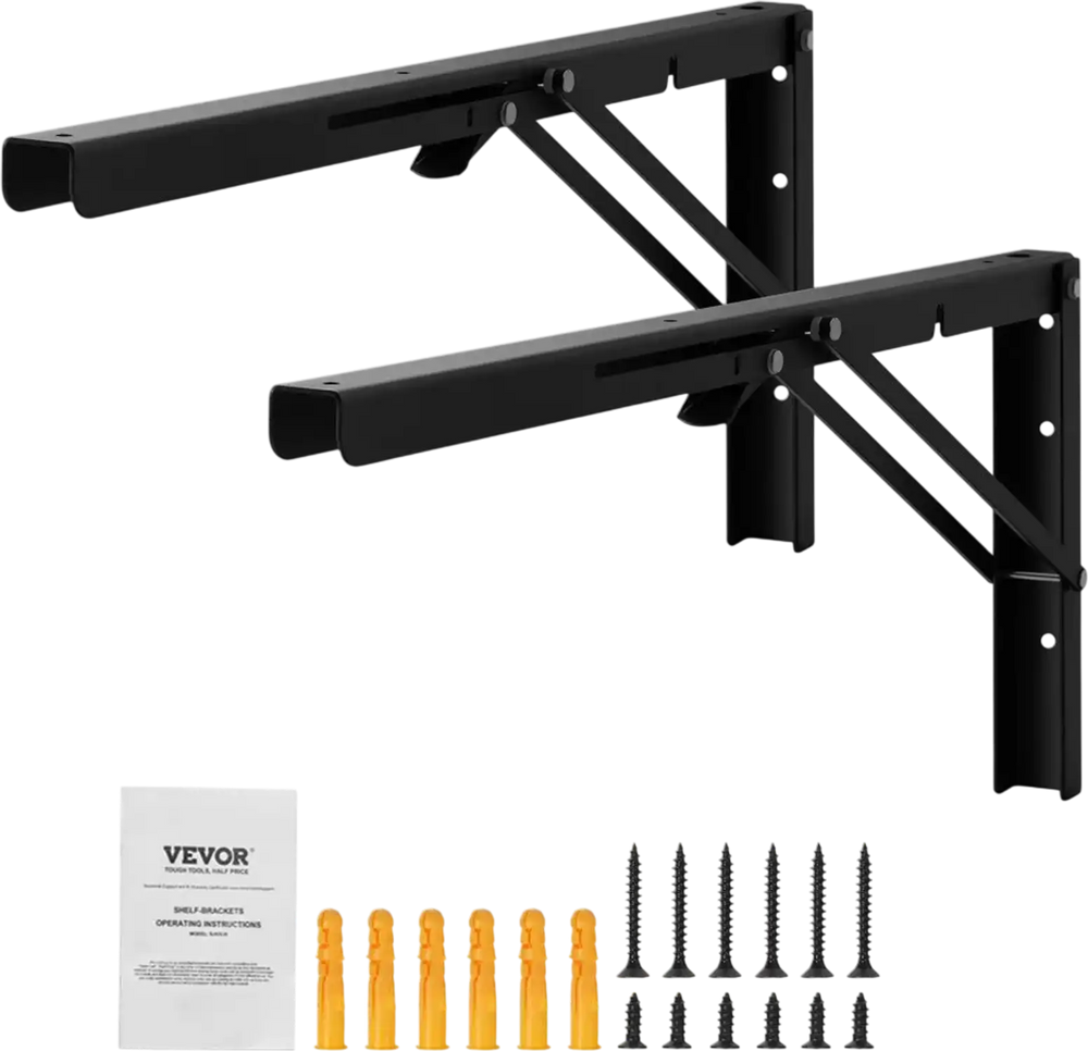VEVOR Shelf Bracket Foldable, 24” L 2 Pcs , Heavy Duty Floating Shelf Brackets, Brackets for Shelves, 5mm Thick Matte Black L Shelf Bracket,Steel Shelving Brackets with 300 lbs Load Capacity