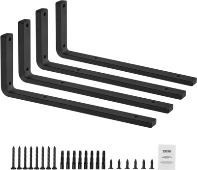 VEVOR Shelf Bracket, 16 x 6 in 4 Pcs, Heavy Duty Floating Shelf Brackets, Brackets for Shelves, 10mm Thick Matte Black L Shelf Bracket,Steel Shelving Brackets with 160 lbs Load Capacity
