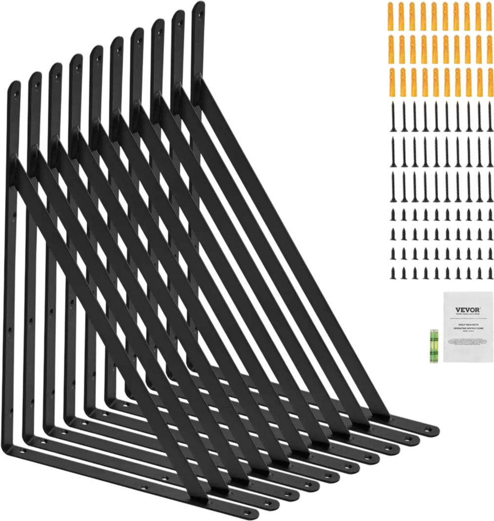 VEVOR Shelf Bracket, 12 x 8 in 10 Pcs, Heavy Duty Floating Shelf Brackets, Brackets for Shelves, 3mm Thick Matte Black Triangle Shelf Bracket,Steel Shelving Brackets with 160 lbs Load Capacity