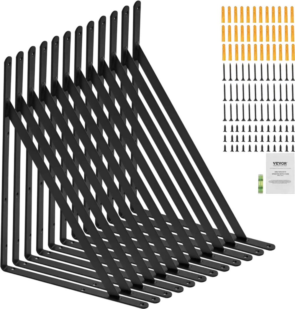VEVOR Shelf Bracket, 18 x 12 in 12 Pcs, Heavy Duty Floating Shelf Brackets, Brackets for Shelves, 3mm Thick Matte Black Triangle Shelf Bracket,Steel Shelving Brackets with 160 lbs Load Capacity