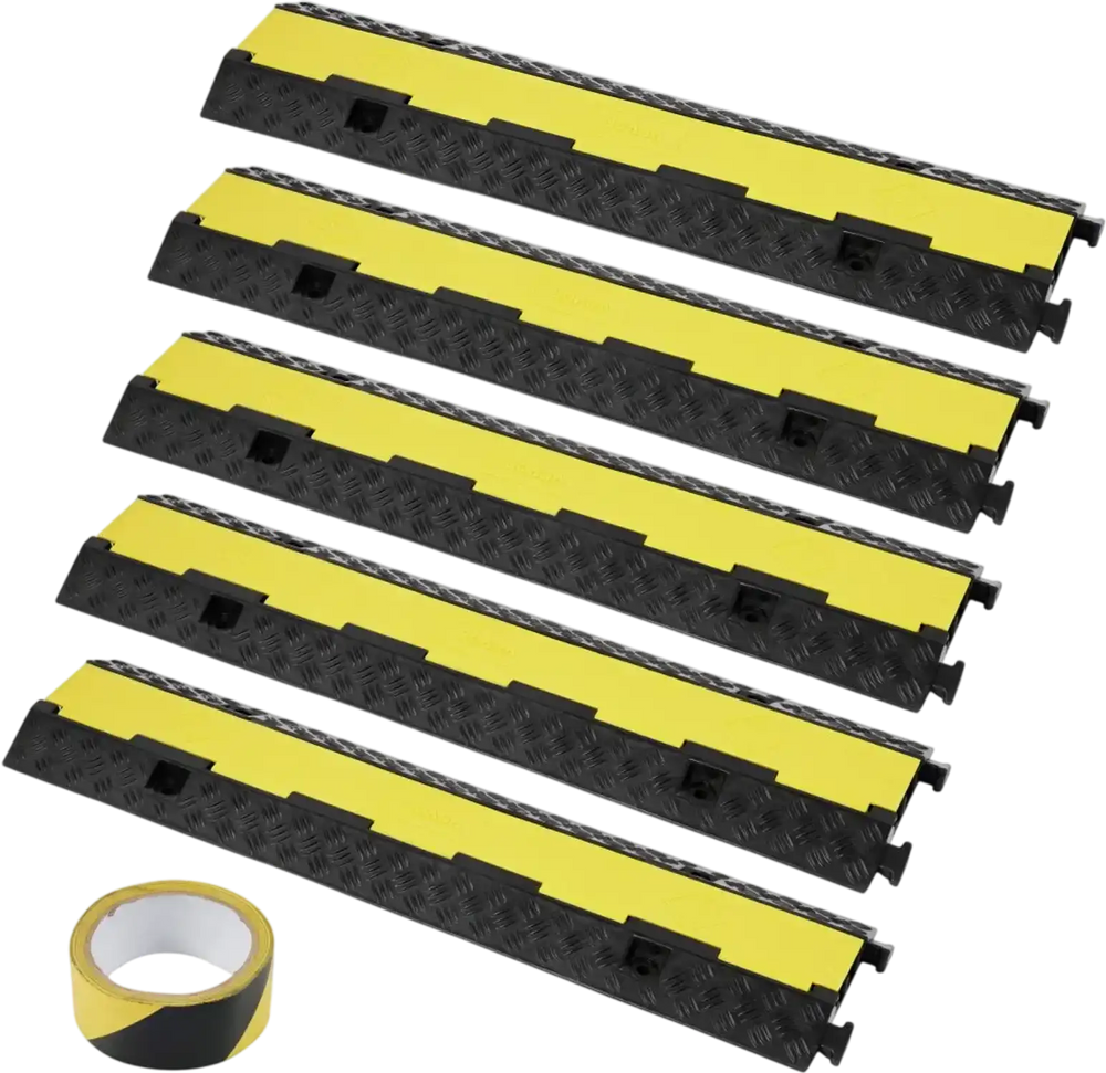 VEVOR 5-Piece Rubber Cable Guard, Dual Channel, 12000 lbs per Axle Load Capacity, Durable Hose & Wire Protection Ramp for Driveways, with Easy Access Top & 50 ft Caution Tape for Both Indoor & Outd