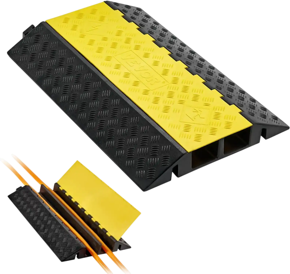 VEVOR Cable Protector Ramp, 22,000 lbs/axle Capacity, 2 Channel Heavy Duty Rubber Cord Hose Wire Cover, 4 x 3 in Channel, Traffic Speed Bump with Flip-Open Top Cover, for Indoor Outdoor Use, 1 Pack