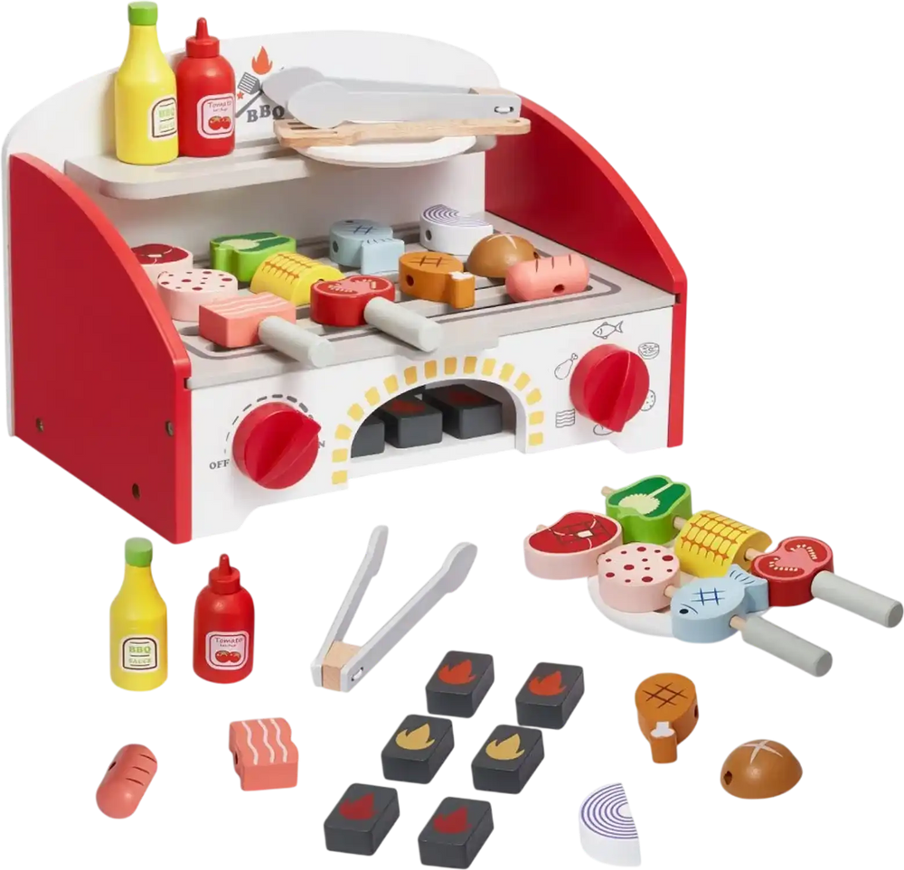VEVOR Kids BBQ Grill Playset, Wooden Grill Playset With Realistic Carbon Fire, Wooden Play Food Kitchen Accessory (26 PCS), Indoor/Outdoor Interactive Pretend Play Toys for Boys Girls Ages 3+ Gift