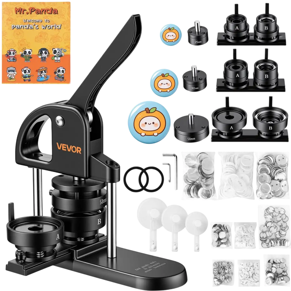 VEVOR Button Maker Machine 1"/1.25"/2.25"(25/32/58 mm) Pin Maker Black, with 300pcs Button Parts, Circle Cutter and Magic Book, Ergonomic Handle, for DIY Badges, Pins, Fridge Magnets and Key Chains
