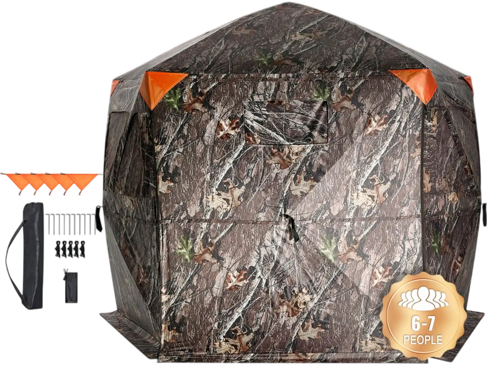 VEVOR Hunting Blind, 288° See Through Ground Blind, 6-7 Person Pop Up Deer Blind for Hunting with Carrying Bag, Portable Resilient Hunting Tent, 4 Horizontal Windows for Turkey and Deer Hunting