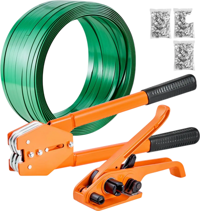 VEVOR Banding Strapping Kit, Heavy Duty Banding Sealer Tool with 1000 ft Length PET Band, 300 Metal Seals, Plastic Manual Pallet Packaging Strapping Kit for Warehouse/Shipping/Moving/Home, Orange
