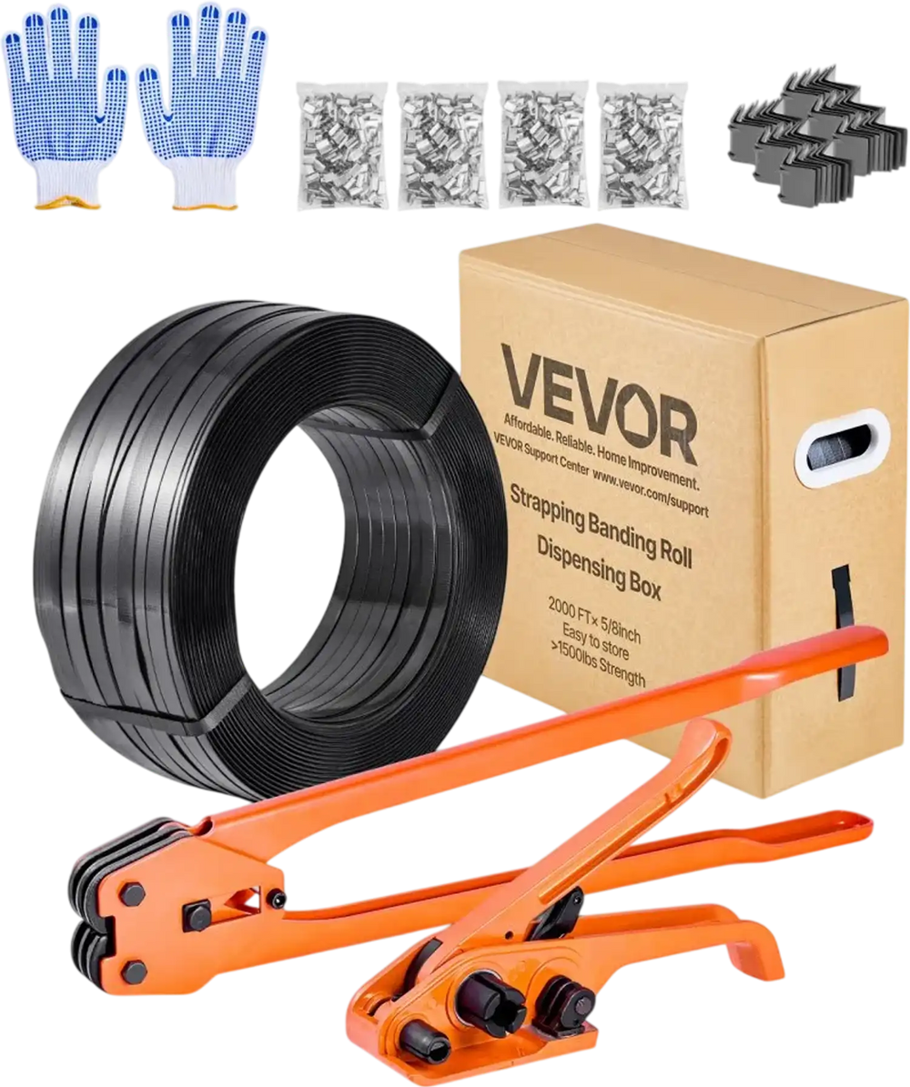 VEVOR Banding Strapping Kit, Heavy Duty Banding Sealer Tool with 2000 ft PET Band, 600 Metal Seals, 200 Corner Protectors, Plastic Pallet Packaging Strapping Kit for Warehouse, Transportation, Home