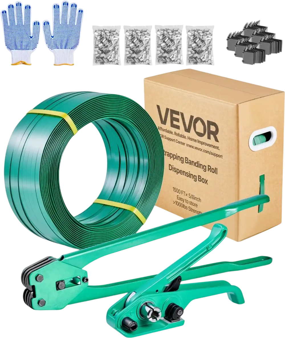 VEVOR Banding Strapping Kit, Heavy Duty Banding Sealer Tool with 1500 ft PET Band, 450 Metal Seals, 150 Corner Protectors & Gloves, Plastic Pallet Packaging Strapping Kit for Warehouse/Shipping/Moving