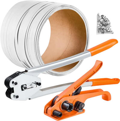 VEVOR Banding Strapping Kit, Heavy Duty Banding Sealer Tool with 330 ft Length PP Band, 100 Metal Seals, Plastic Manual Pallet Packaging Strapping Kit for Warehouse/Shipping/Moving/Home, Orange