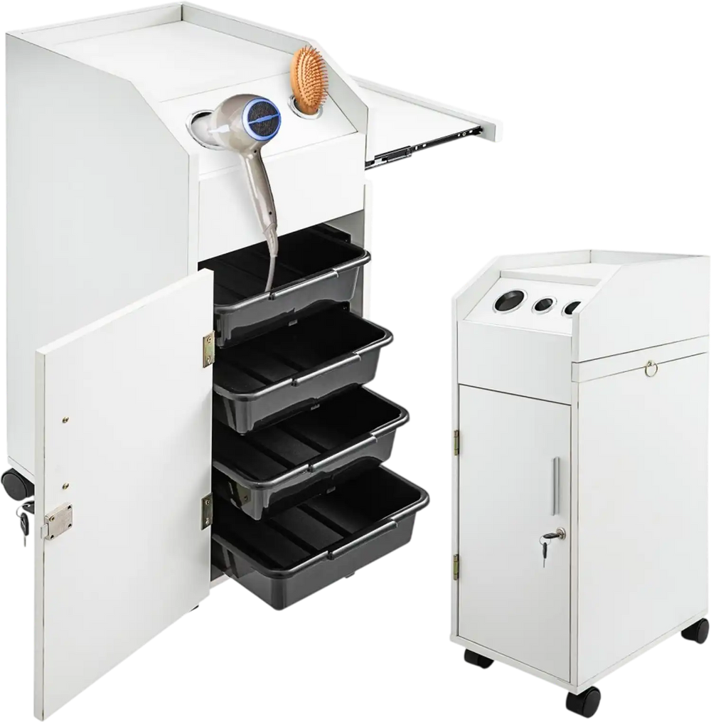 VEVOR Salon SPA Beauty Hairdressing Cart White Storage Trolley with 4 Drawers Rolling Wheels Lockable 2 Keys with Hairdryer Holder Space-Saving Side Tray