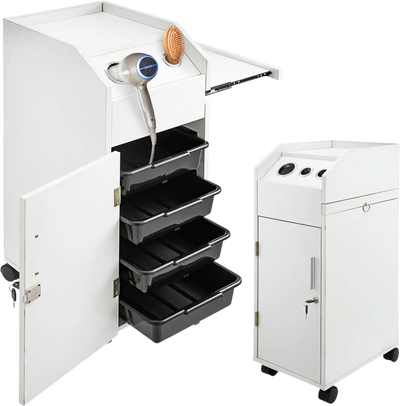 VEVOR Salon SPA Beauty Hairdressing Cart White Storage Trolley with 4 Drawers Rolling Wheels Lockable 2 Keys with Hairdryer Holder Space-Saving Side Tray