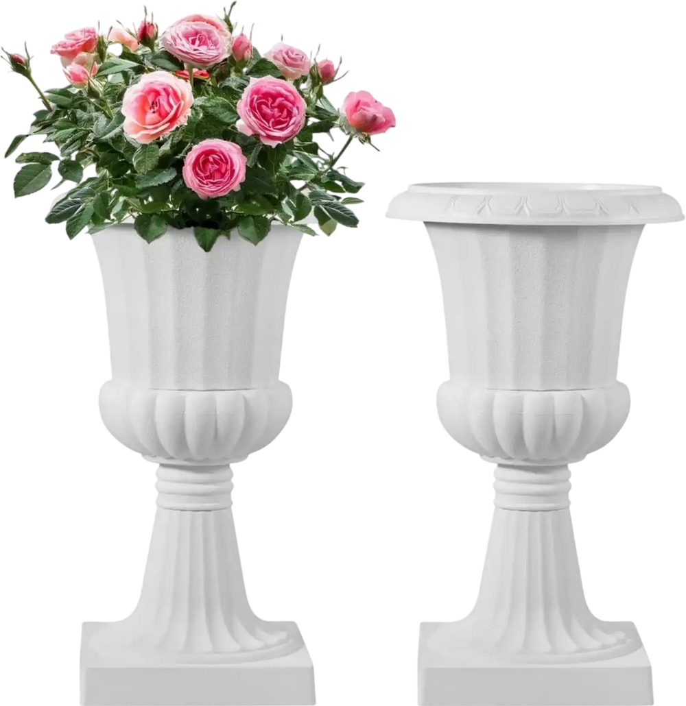 VEVOR Plastic Urn Planters, 9.8 x 16.5 Inch, 2 Pack White Classic Flower Pots Front Porch Planters, Indoor & Outdoor Vase for Wedding, Party, Event, Home, Stage, Garden, Balcony, Patio Decoration
