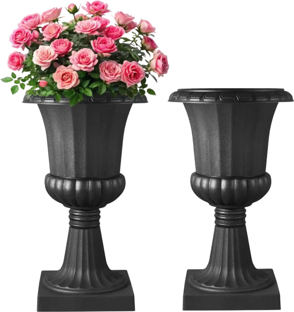 VEVOR Plastic Urn Planters, 15.8 x 26.4 Inch, 2 Pack Black Classic Flower Pots Front Porch Planters, Indoor & Outdoor Vase for Wedding, Party, Event, Home, Stage, Garden, Balcony, Patio Decoration