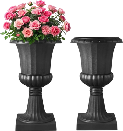 VEVOR Plastic Urn Planters, 15.8 x 26.4 Inch, 2 Pack Black Classic Flower Pots Front Porch Planters, Indoor & Outdoor Vase for Wedding, Party, Event, Home, Stage, Garden, Balcony, Patio Decoration