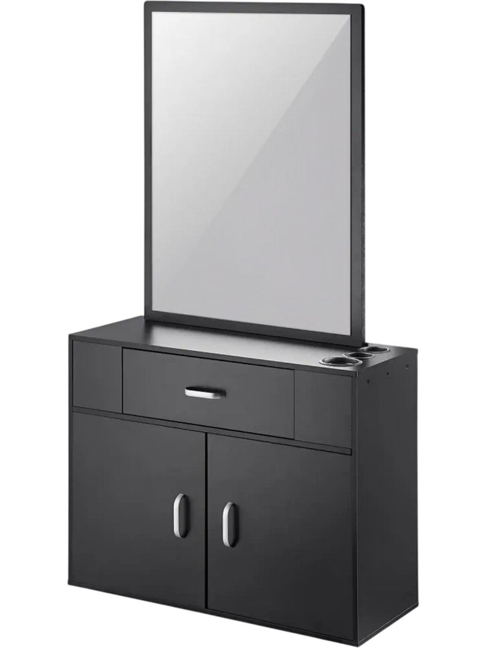 VEVOR Salon Organizer, Wall-Hanging Unit for Hairdressers, Complete with 3 Holders, Mirror, Dual-Door Storage, and Single Drawer, Black