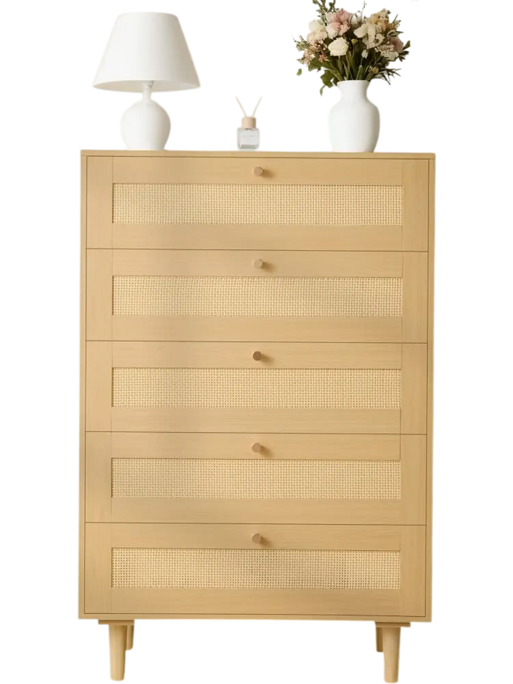 VEVOR 5 Drawer Rattan Dresser, Modern Closet Dresser for Bedroom, Natural Rattan Chest of Drawers with Metal Handles & Wooden Legs, Chest Clothing Organizer & Storage for Bedroom, Living Room, Hallway