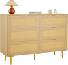 VEVOR 6 Drawer Rattan Dresser, Double Dresser for Bedroom, Natural Rattan Chest of Drawers with Metal Handles & Legs, Modern Wood Chest Clothing Organizer & Storage for Bedroom, Living Room, Hallway