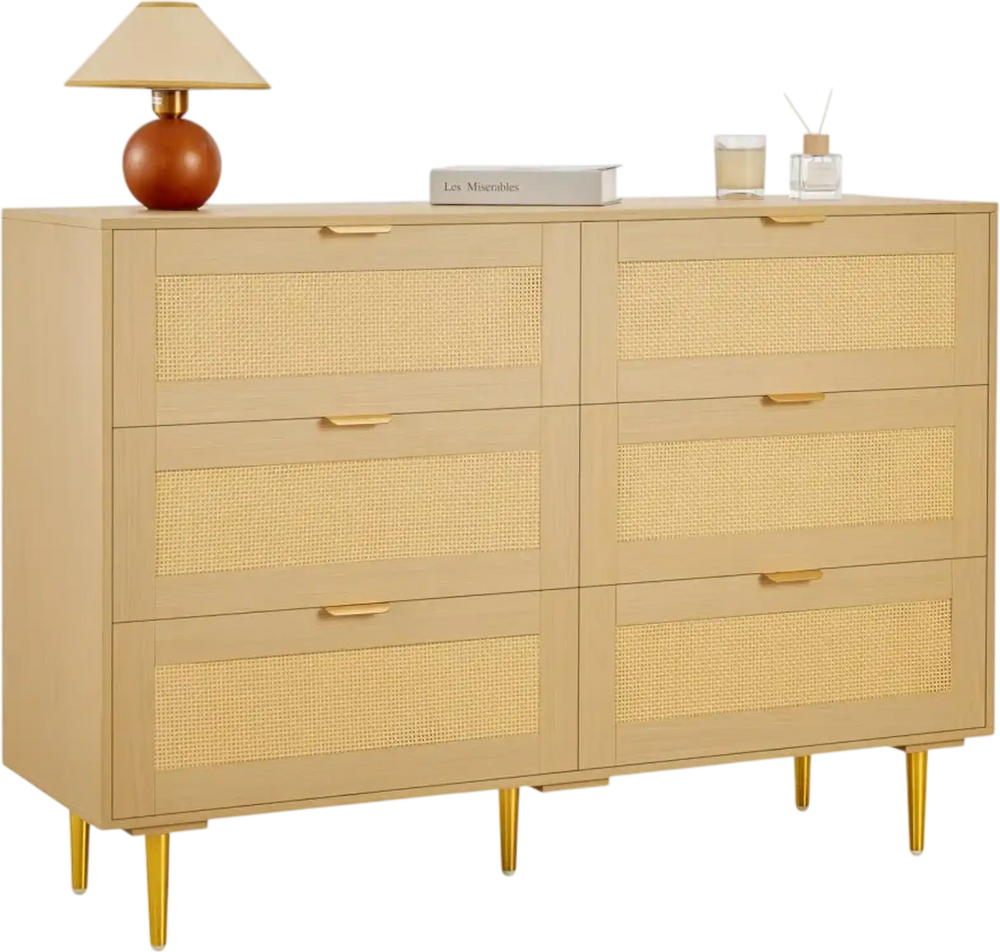 VEVOR 6 Drawer Rattan Dresser, Double Dresser for Bedroom, Natural Rattan Chest of Drawers with Metal Handles & Legs, Modern Wood Chest Clothing Organizer & Storage for Bedroom, Living Room, Hallway