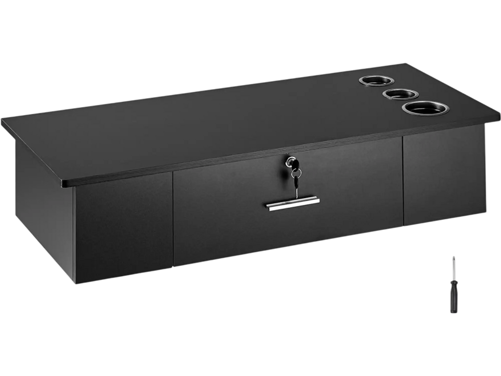 VEVOR Wall-Mounted Salon Workstation, Equipped with 3 Holders for Hair Dryers, Secure Drawer with Lock, Ideal for SPA, Hairdressing Salons, Home & Bathroom Use, in Sleek Black