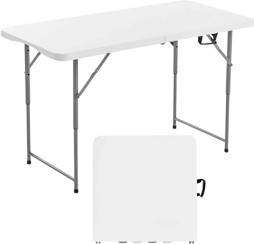 VEVOR Folding Table, 4 Ft Heavy Duty Portable Fold-in-Half Utility Table, Indoor Outdoor Plastic Rectangle Table with Adjustable Height and Built in Handle, for Party, Dining, Picnic, Camping, White