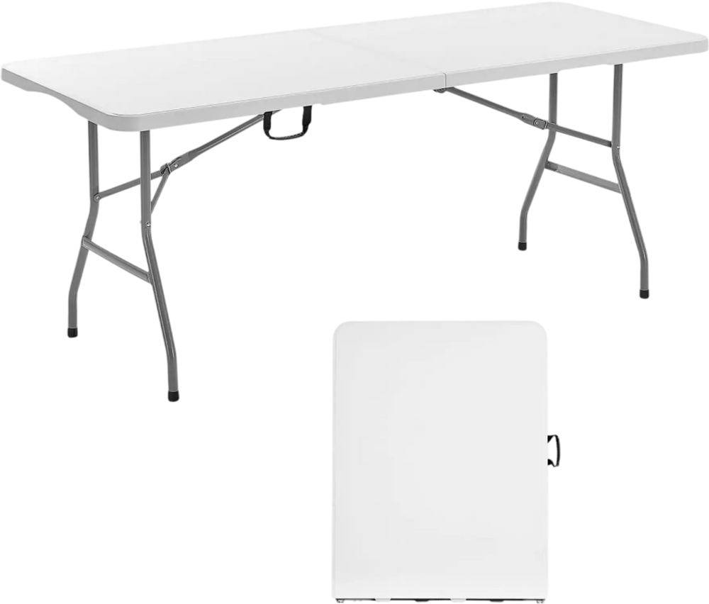 VEVOR Folding Table, 6 Ft Heavy Duty Portable Fold-in-Half Utility Table, Indoor Outdoor Plastic Rectangle Table with Built in Handle, for Party, Dining, Wedding, Events, Picnic, Camping, White