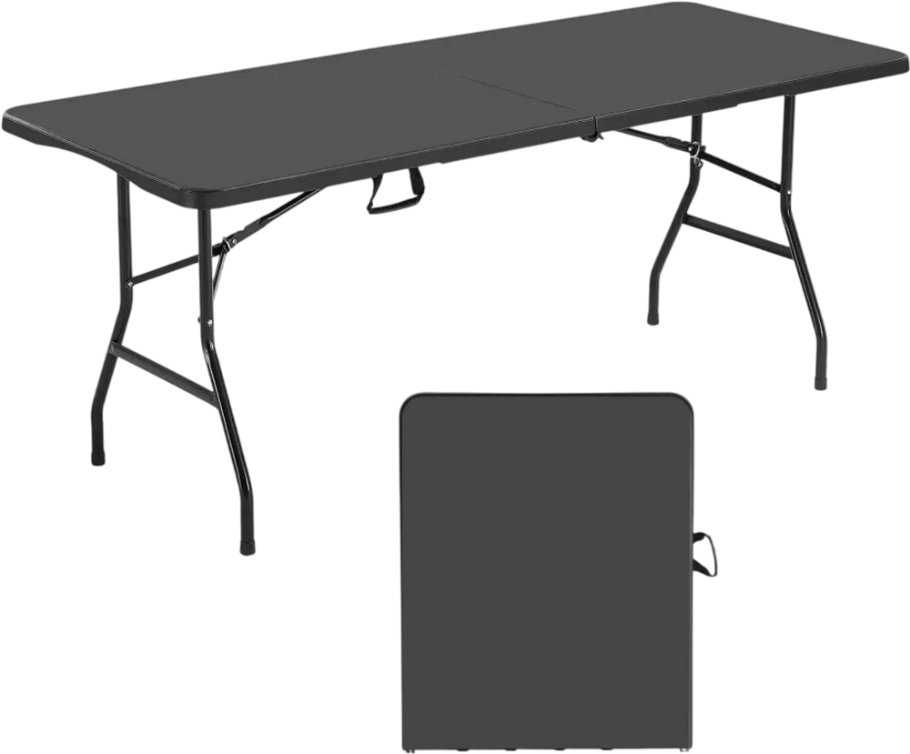 VEVOR Folding Table, 6 Ft Heavy Duty Portable Fold-in-Half Utility Table, Indoor Outdoor Plastic Rectangle Table with Built in Handle, for Party, Dining, Wedding, Events, Picnic, Camping, Black