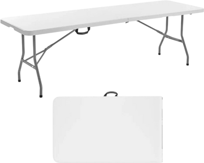 VEVOR Folding Table, 8 Ft Heavy Duty Portable Fold-in-Half Utility Table, Indoor Outdoor Plastic Rectangle Table with Built in Handle, for Party, Dining, Wedding, Events, Picnic, Camping, White